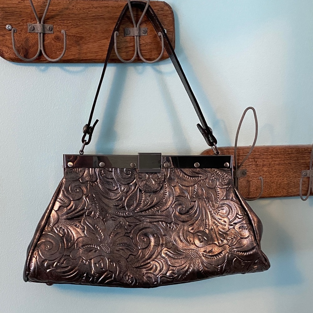 Patricia Nash Metallic Leather Rose Ferrera Frame Satchel Purse Gunmetal Silver